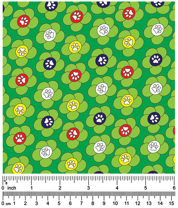 F7179 Flowers Paws Fabric Green