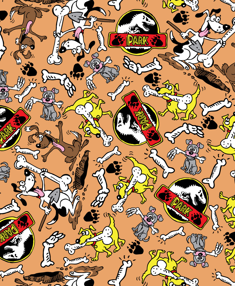 F7192 Dogs Digging Up Dino Bones Funny Fabric, Brown