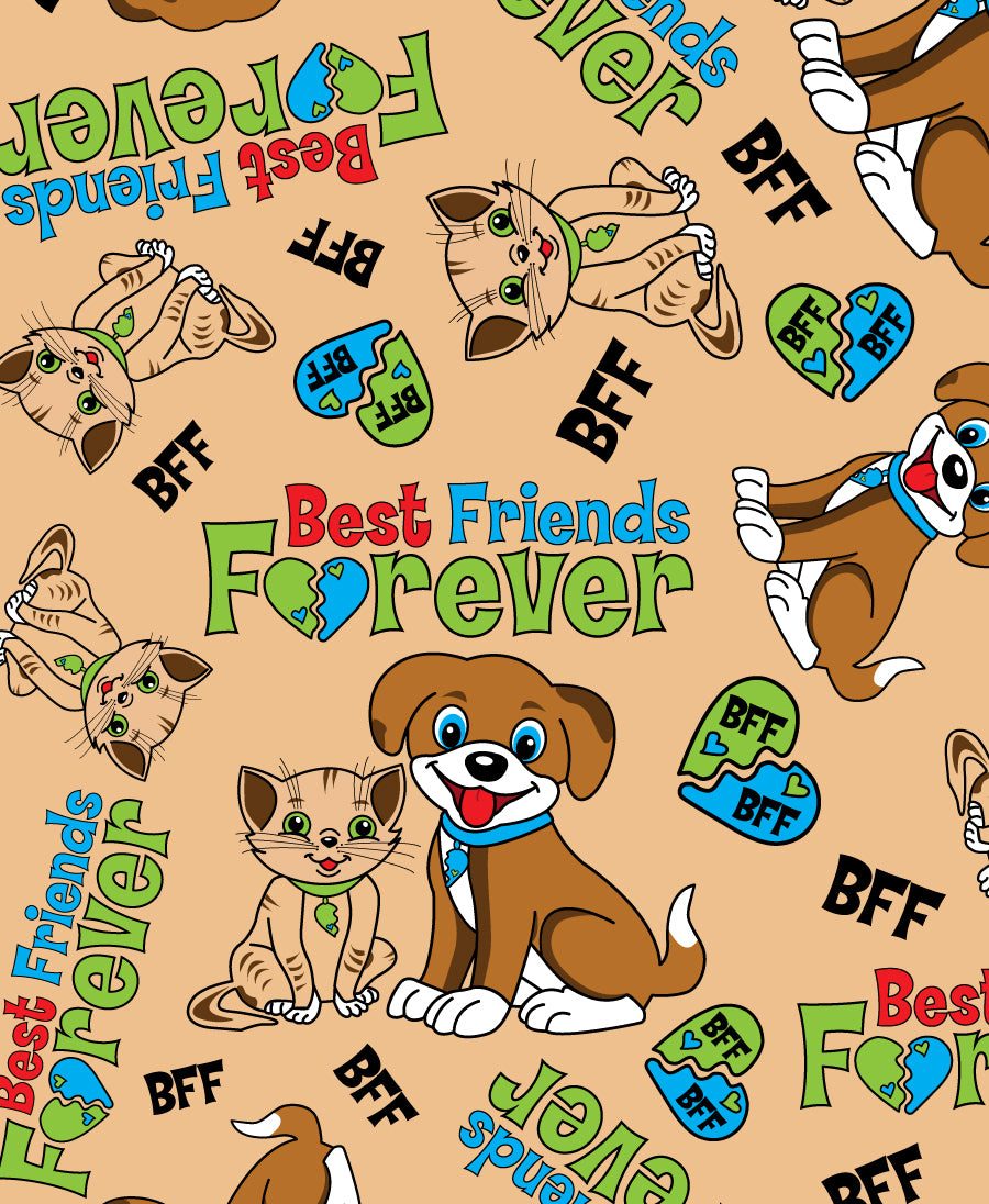 F7209 Best Friends Forever Doggie and Kitty Fabric, Brown