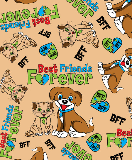 F7209 Best Friends Forever Doggie and Kitty Fabric, Brown
