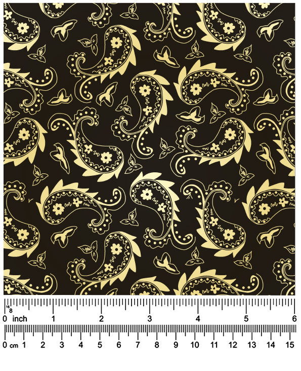 F7254 58" Width 100% Cotton, Black Gold Paisley Fabric