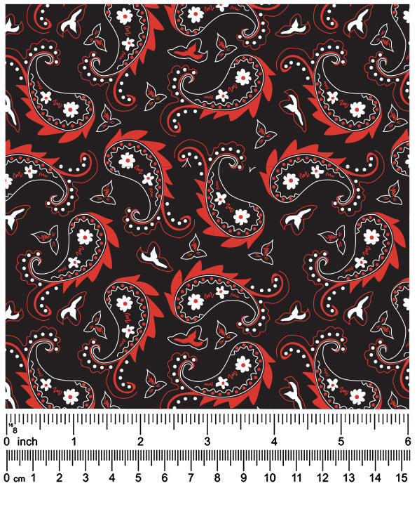 F7255 58" Width 100% Cotton, Black & Red Paisley Fabric