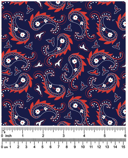 F7256 58" - 100% Cotton Navy & Red Paisley Fabric
