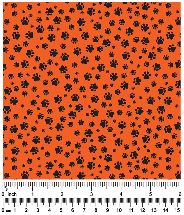 F7002 Black Pawprints Fabric, Orange