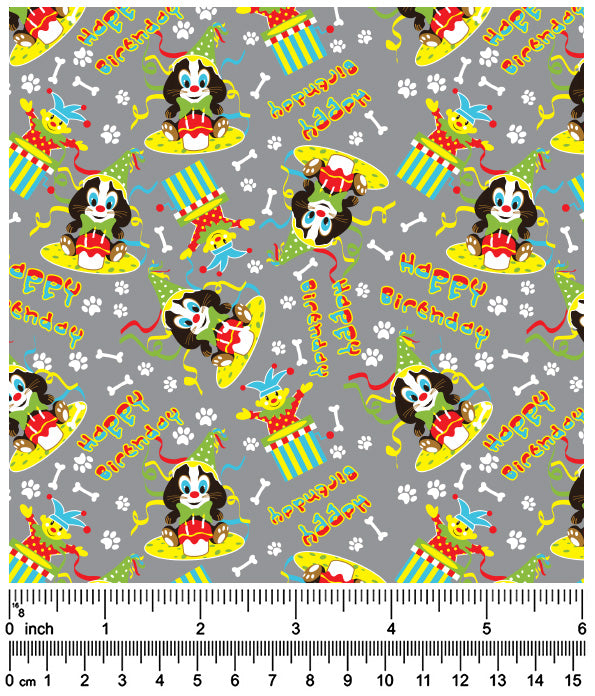 FA7011 Happy Birthday Doggie Fabric, Grey 