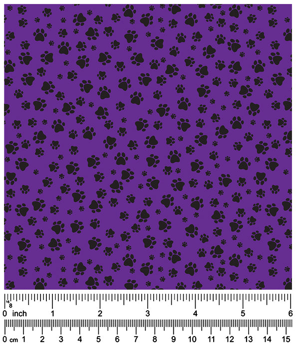 F7014 Black Pawprints Fabric, Purple