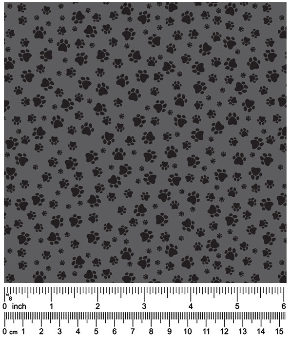 F7023 Black Pawprints Fabric, Grey