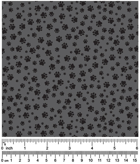 F7023 Black Pawprints Fabric, Grey