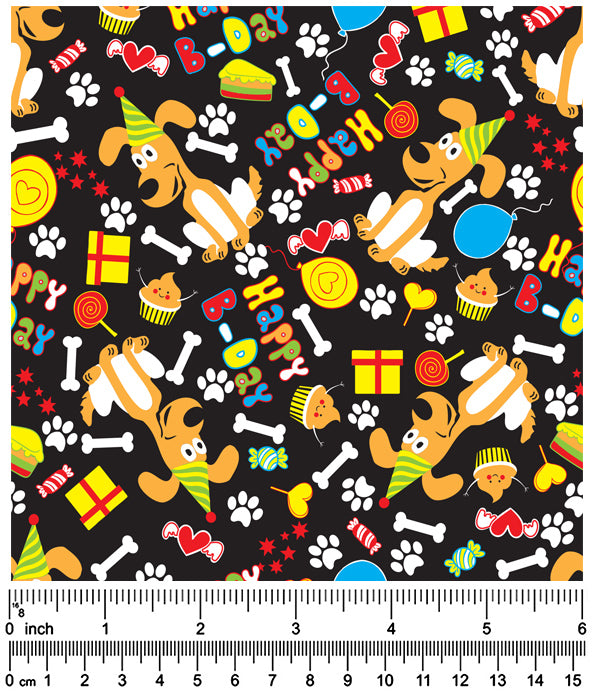 F7032 Happy Birthday Doggie Fabric, Black