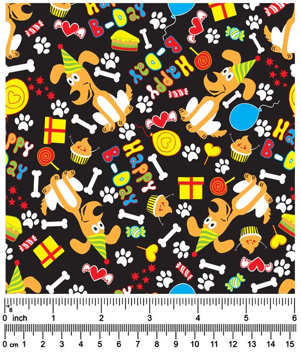 F7032 Happy Birthday Doggie Fabric, Black