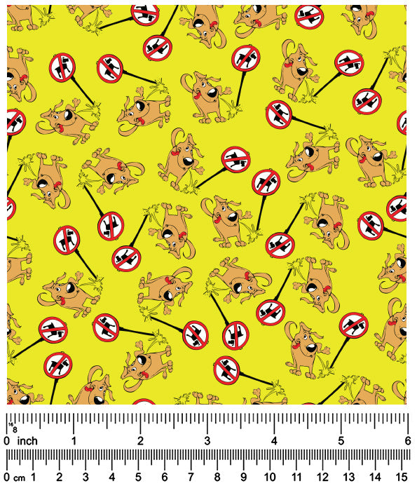 F7055 Funny Doggie Peeing On Sign Fabric, Yellow