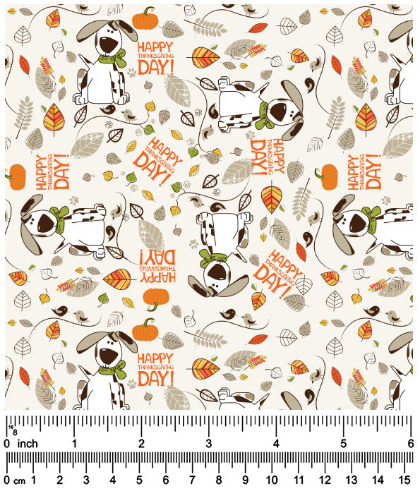 FA7057 Happy Thanksgiving Day Doggie Fabric, White
