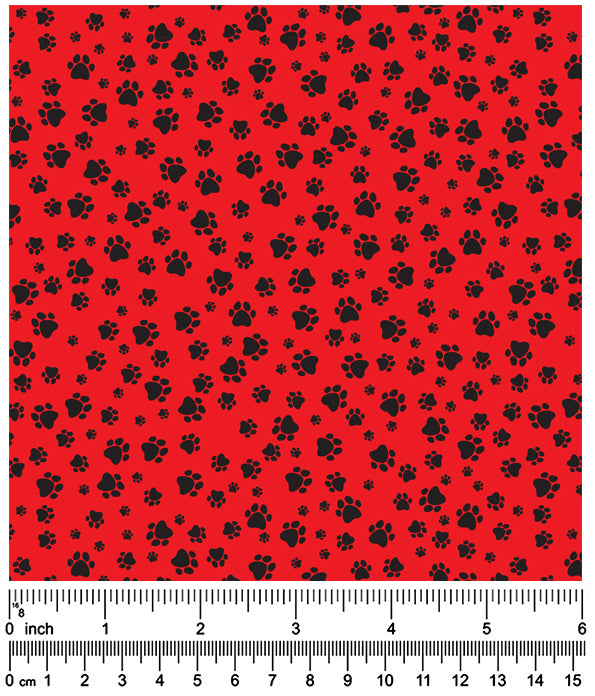 F7091 Black Pawprints Fabric, Red