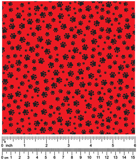 F7091 Black Pawprints Fabric, Red