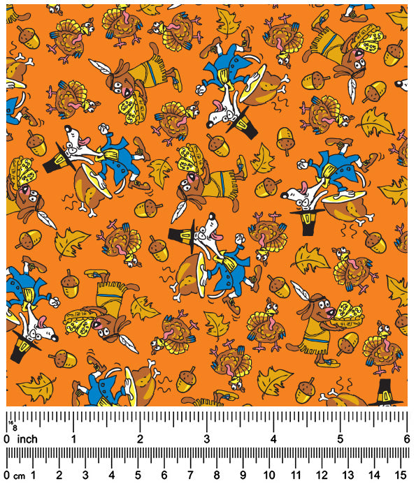 FA7135 Pilgrim Doggie Turkey Day Fabric, Orange
