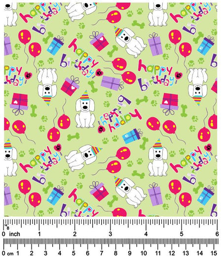 F7144 Happy Birthday Doggie Fabric, Green
