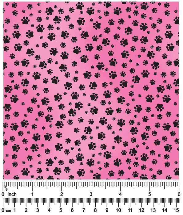 F7159 Black Pawprints Fabric, Pink