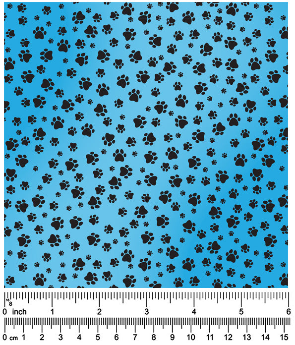 F7160 Black Pawprints Fabric, Blue