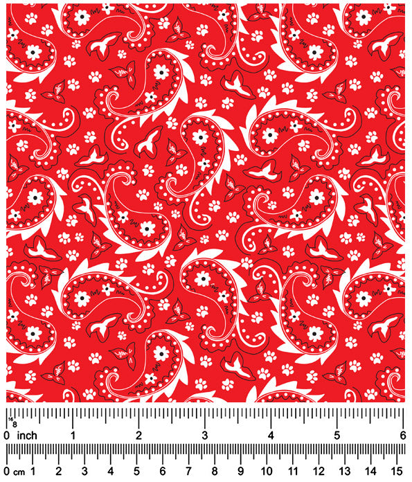 F7193 Paisley & Pawprints Fabric, Red