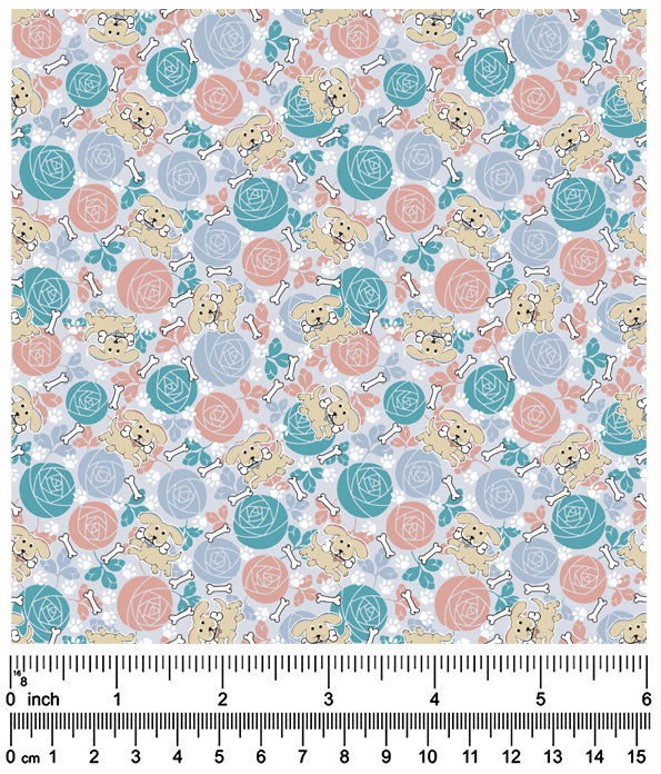 F7228 Puppies, Bones & Roses Fabric, Grey Floral