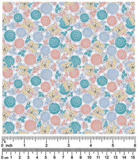 F7228 Puppies, Bones & Roses Fabric, Grey Floral