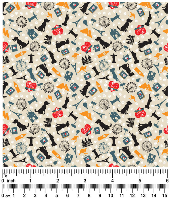 F7231 Travel Doggie France, Australia & Beyond Fabric, Grey