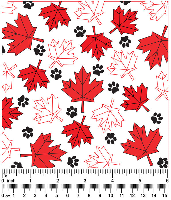 F7235 Maple Leaves & Pawprints Fabric, White 