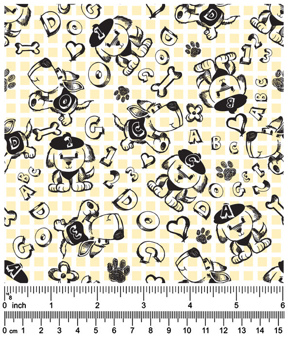 F7237 Checker Sketch Doggie Fabric, White