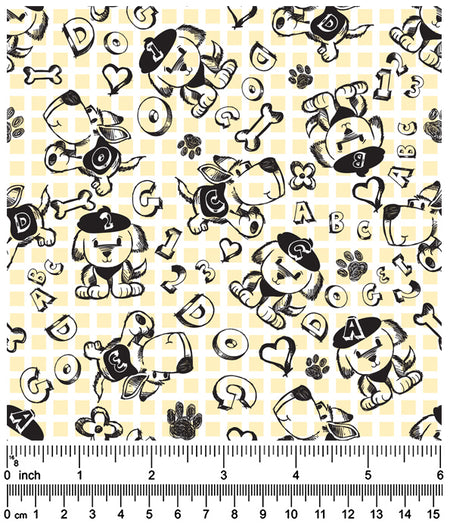 F7237 Checker Sketch Doggie Fabric, White