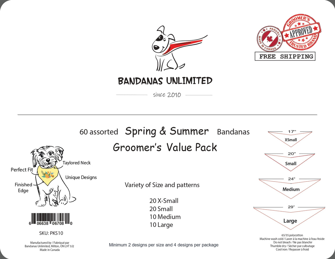 PKS10 60 Assorted SPRING SUMMER Tieback Dog Grooming Bandana/ Groomers  Bulk Package