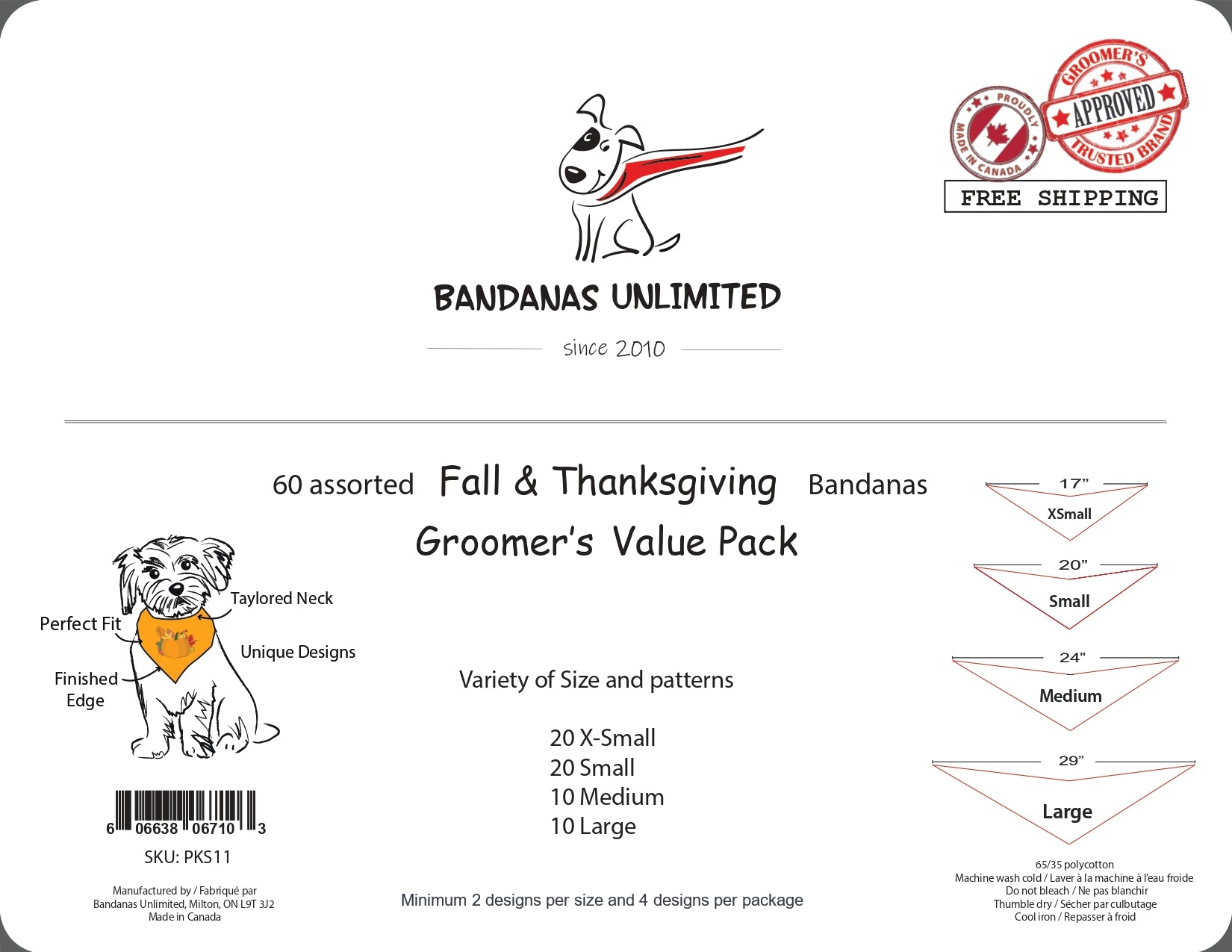 PKS11 60 Assorted FALL THANKSGIVING Tieback Dog Grooming Bandanas / Groomers Bulk Package