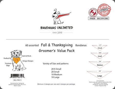 PKS11 60 Assorted FALL THANKSGIVING Tieback Dog Grooming Bandanas / Groomers Bulk Package