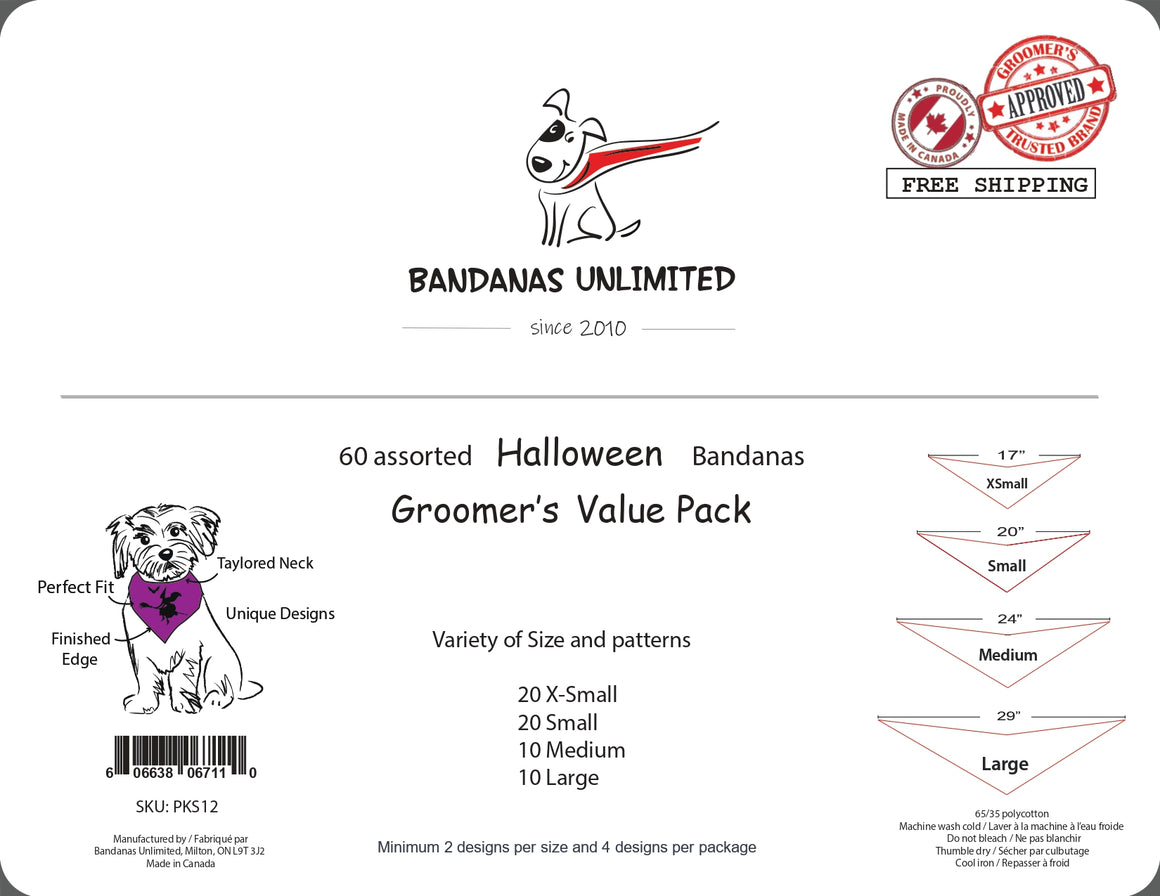 PKS12 60 Assorted HALLOWEEN Tieback Dog Grooming Bandanas / Groomers Bulk Package