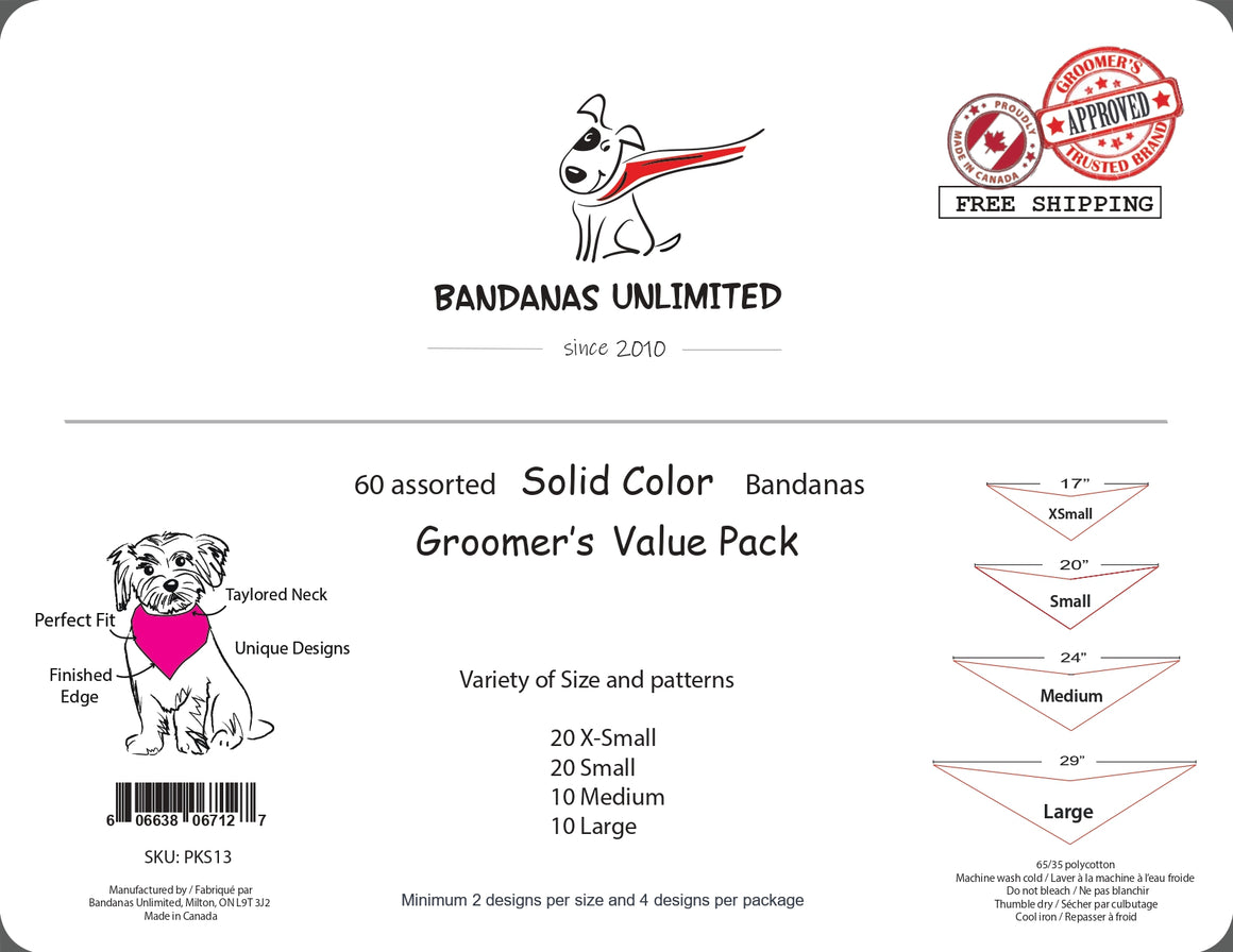 PKS13 60 Assorted SOLID COLOUR Tieback Dog Grooming Bandanas / Groomers Bulk Package