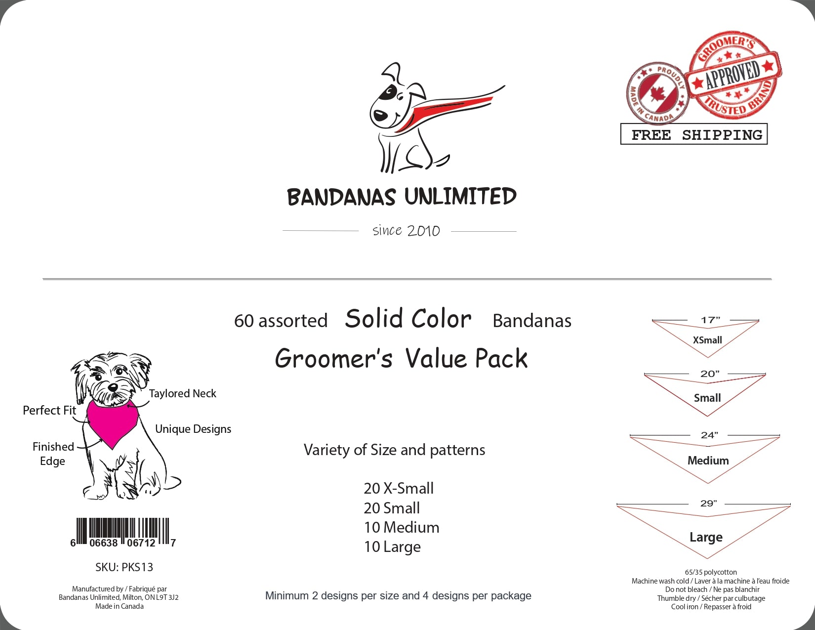 PKS13 60 Assorted SOLID COLOUR Tieback Dog Grooming Bandanas / Groomers Bulk Package