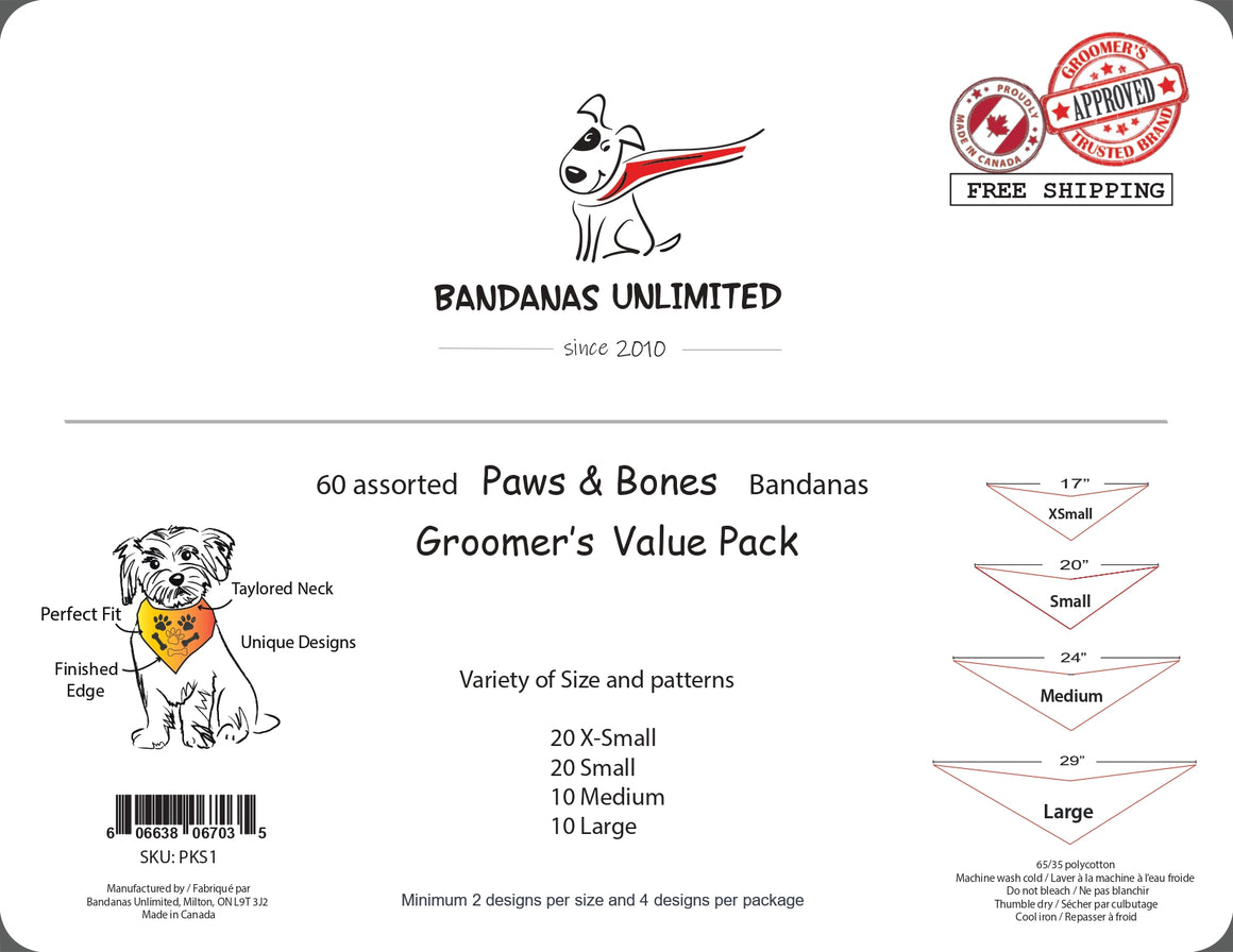 PKS1 60 Assorted PAWS & BONES Tieback Dog Grooming Bandanas / Groomers Bulk Package