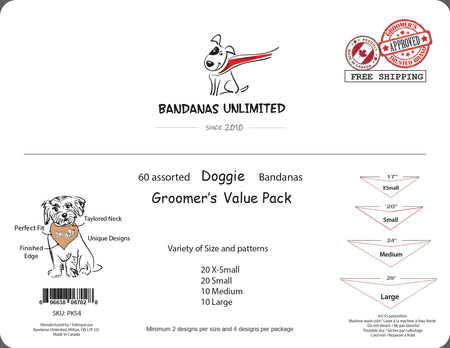 PKS4 60 Assorted DOGGIE Tieback Dog Grooming Bandanas / Groomers Bulk Package