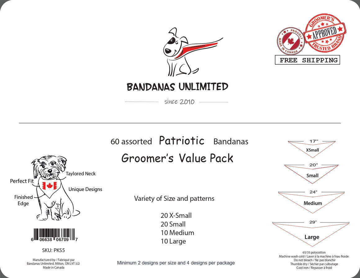 PKS5 60 Assorted CANADA DAY Tieback Dog Grooming Bandanas / Groomers Bulk Package