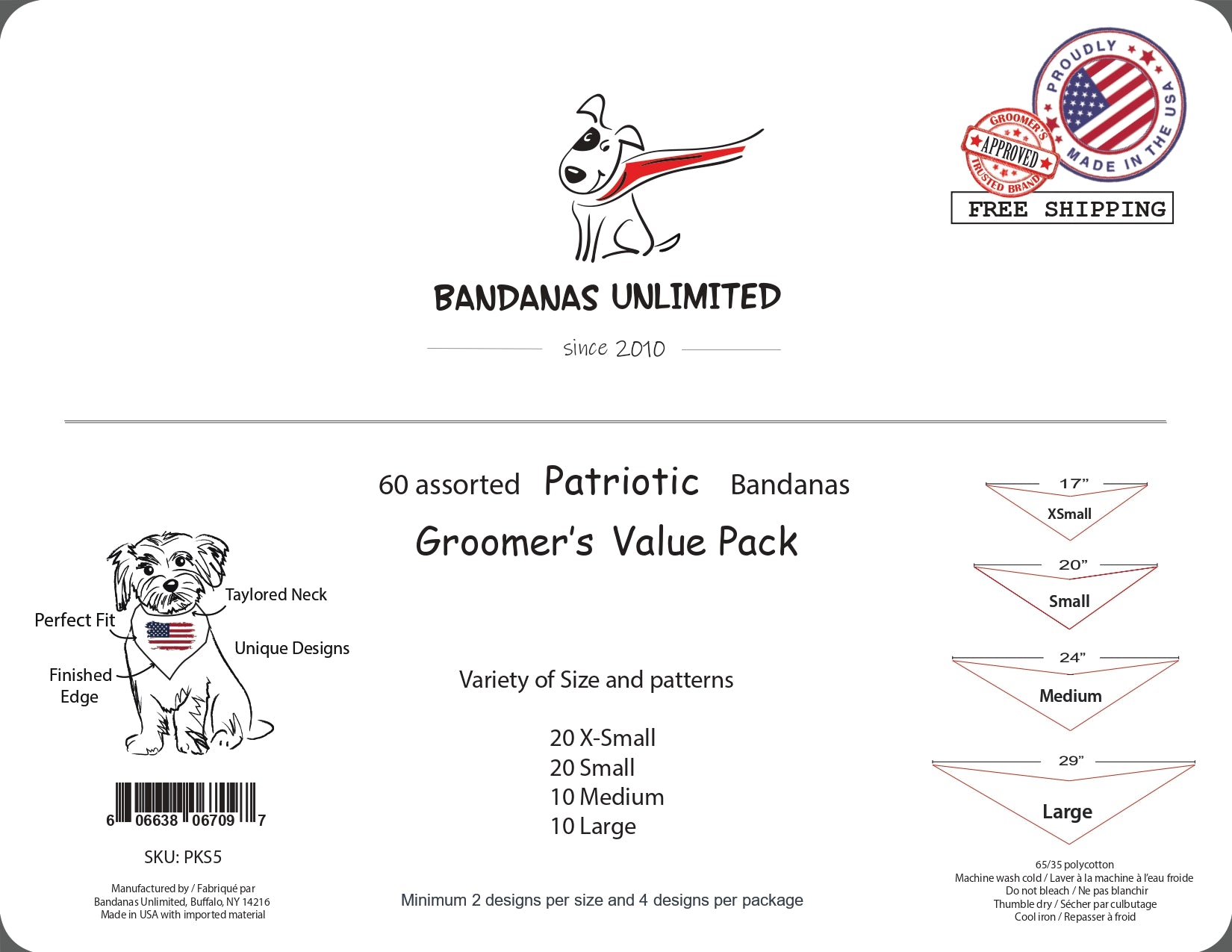 PKS5 60 Assorted PATRIOTIC Tieback Dog Grooming Bandanas / Groomers Bulk Package