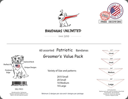 PKS5 60 Assorted PATRIOTIC Tieback Dog Grooming Bandanas / Groomers Bulk Package