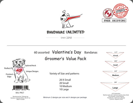 PKS7 60 Assorted VALENTINE'S DAY Tieback Dog Grooming Bandanas / Groomers Bulk Package