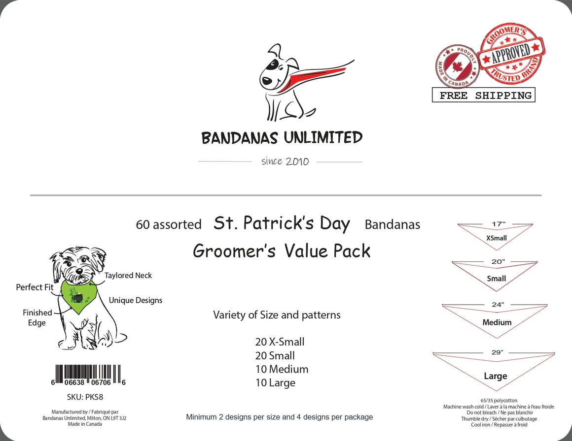 PKS8 60 Assorted ST.PATRICK'S DAY Tieback Dog Grooming Bandanas / Groomers Bulk Package