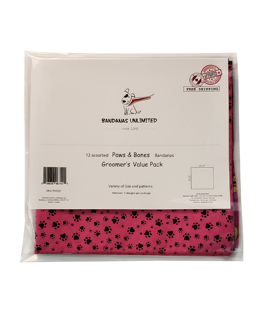 PKSQ1 12 Assorted PAWS & BONES Square Dog Grooming Bandanas / Groomers Bulk Package