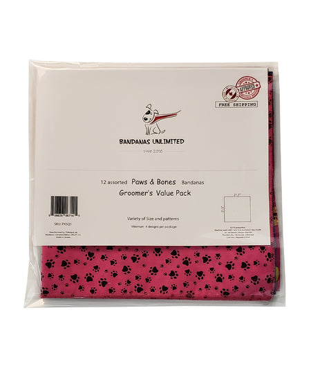 PKSQ1 12 Assorted PAWS & BONES Square Dog Grooming Bandanas / Groomers Bulk Package