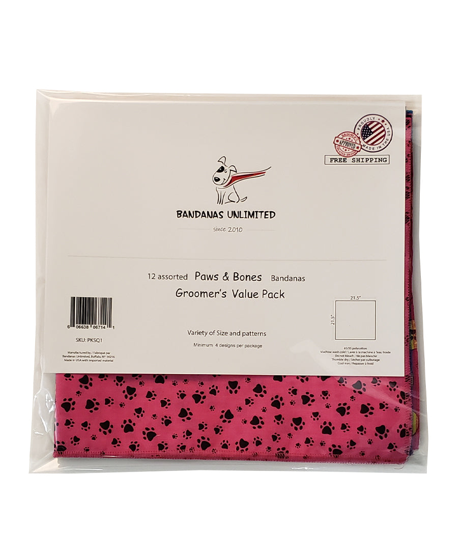PKSQ1 12 Assorted PAWS & BONES Square Dog Grooming Bandanas / Groomers Bulk Package