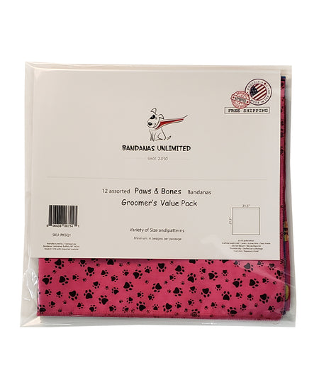PKSQ1 12 Assorted PAWS & BONES Square Dog Grooming Bandanas / Groomers Bulk Package
