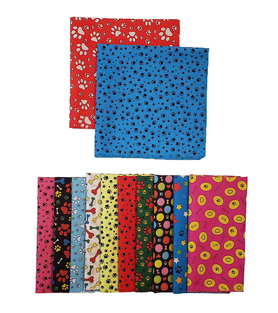 PKSQ1 12 Assorted PAWS & BONES Square Dog Grooming Bandanas / Groomers Bulk Package