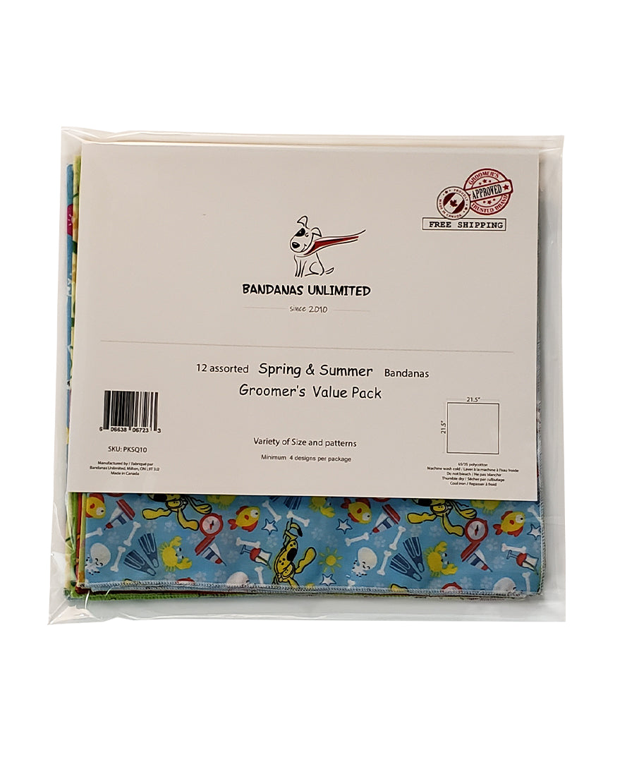 PKSQ10 12 Assorted SPRING SUMMER Square Dog Grooming Bandanas / Groomers Bulk Package