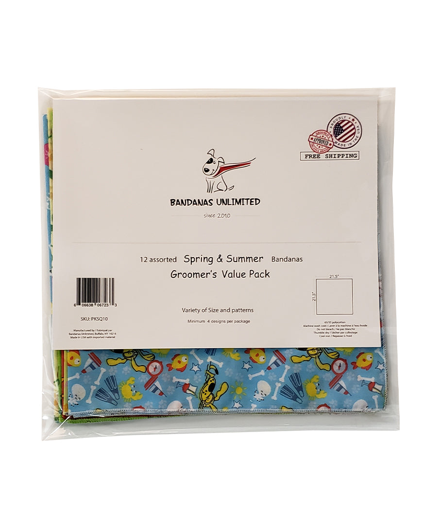 PKSQ10 12 Assorted SPRING SUMMER Square Dog Grooming Bandanas / Groomers Bulk Package