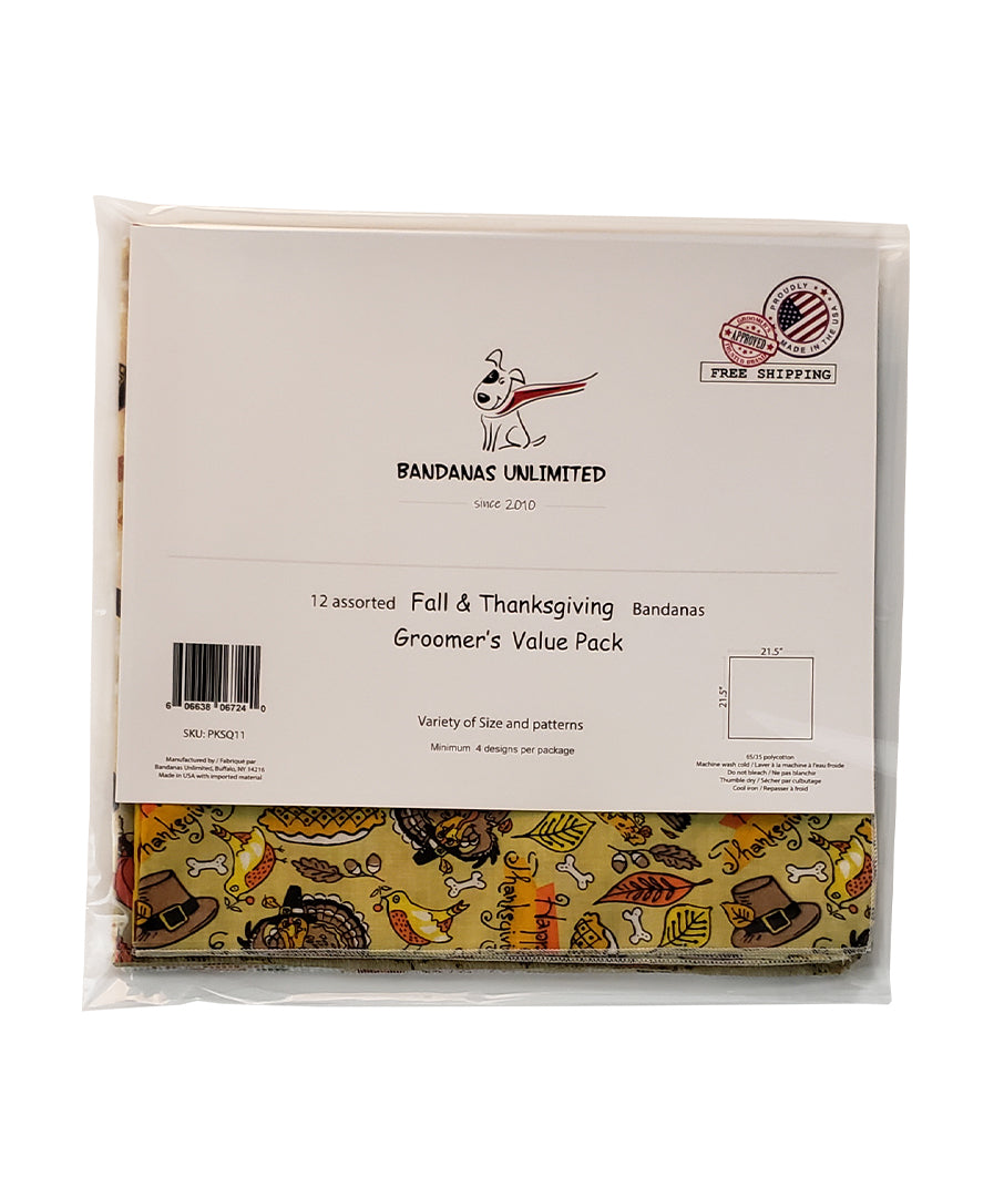 PKSQ11 12 Assorted FALL THANKSGIVING Square Dog Grooming Bandanas / Groomers Bulk Package